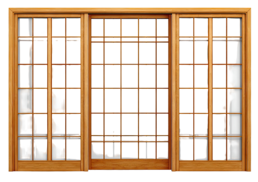 Wooden window frame with broken panes, showcasing a view of nothing