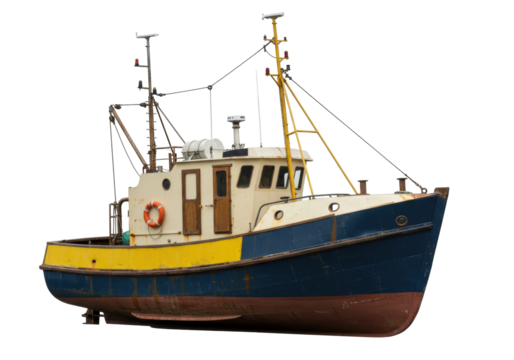 Isolated, vintage fishing vessel with rust, moored marine boat for commercial fishing task