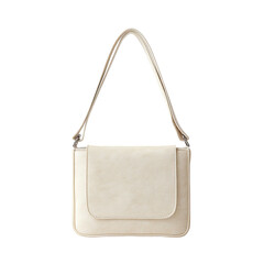 Cream-colored rectangular handbag, front view, shoulder strap, flap closure, isolated on black