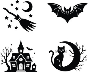 Halloween vector set, witch broom, haunted house, spooky bat, black cat on moon, eerie tree, festive silhouette, scary night illustration
