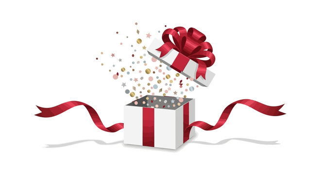 An open white gift box with a red ribbon and bow, exploding with colorful confetti and glitter.