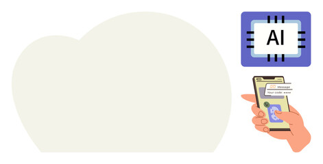 Hand holding smartphone with AI-powered applications, connected microchip, cloud background. Ideal for technology, AI integration, cloud computing, machine learning, virtual assistants, innovation