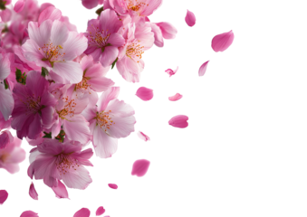 Pink cherry blossoms in full bloom, petals falling against a black background
