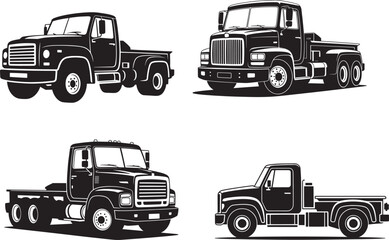 Four black and white illustrations of trucks vehicle transport