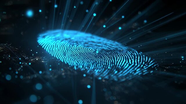 Glowing fingerprint digital identity cybersecurity macro motion biometric security data technology scan identification blue neon abstract pattern