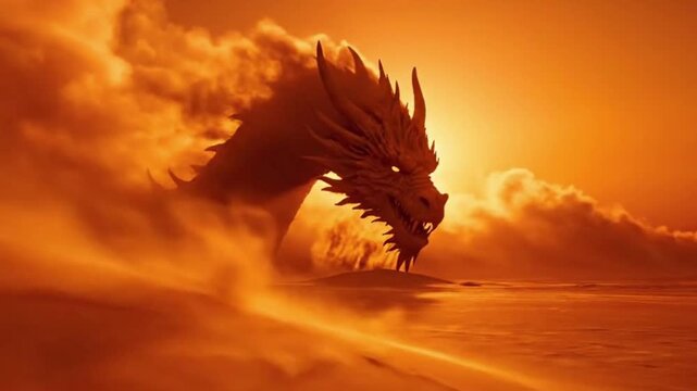 A majestic dragon emerges from a sea of golden clouds, bathed in warm sunlight.