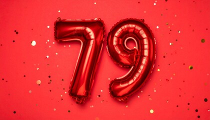 Red balloon number 79 with confetti on solid colored background. Photo for anniversary or birthday party