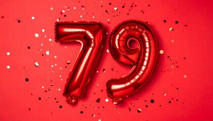 Red balloon number 79 with confetti on solid colored background. Photo for anniversary or birthday party