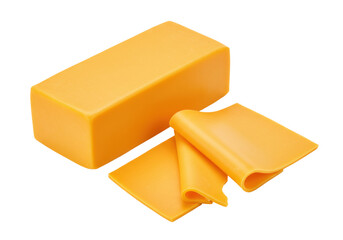 Isolated block and slices of cheddar cheese, dairy product food concept for snack or cooking