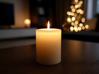 A single lit candle casts a warm glow on a dark table with a blurred festive Christmas tree in the background