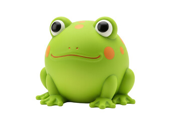 Isolated green frog toy with orange spots and big eyes, small amphibian, cute animal figure