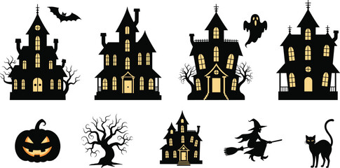 Haunted house icon set, Halloween silhouettes, spooky tree, witch, ghost, bat, jack-o'-lantern, black cat, vector illustration, festive design