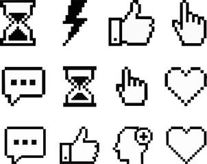 Set of retro 8-bit pixel art icons for digital interfaces, featuring common symbols like hourglass, lightning, thumbs up, cursor, chat bubble, and heart, ideal for vintage UI design projects