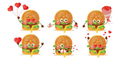 A set of cartoon-style burger characters for Valentine's Day. Love and tenderness. Hearts. Vector illustration, front view. Can be used for book illustrations, postcards, etc.