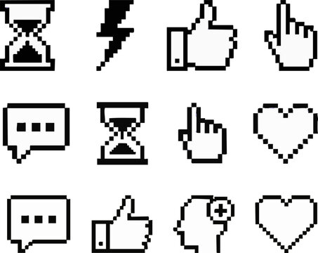 Set of retro 8-bit pixel art icons for digital interfaces, featuring common symbols like hourglass, lightning, thumbs up, cursor, chat bubble, and heart, ideal for vintage UI design projects