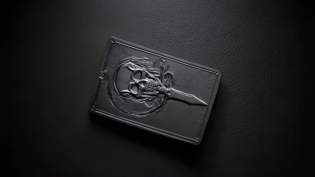 A black, embossed card with a skull and dagger design on a textured surface