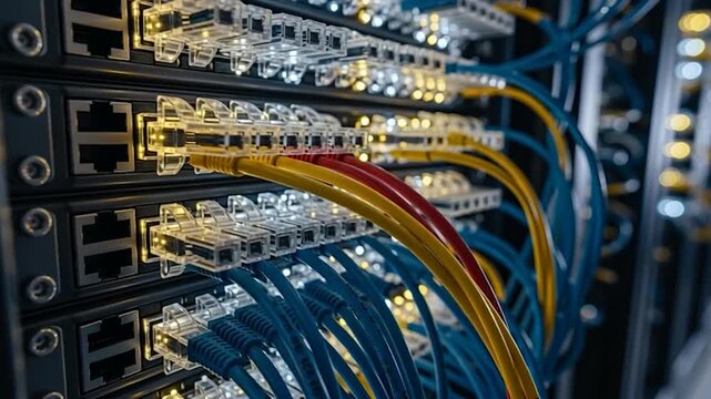 Close-up of network cables and server rack in a data center.