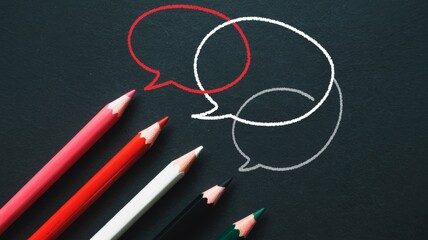 Colorful pencils next to drawn speech bubbles on a chalkboard, symbolizing communication and creativity.