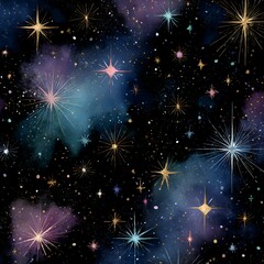 Fototapeta premium A mesmerizing seamless pattern features vibrant stars and nebulas against a deep black backdrop creating a magical cosmic atmosphere seamlessly.