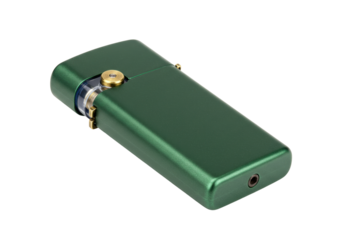 Isolated olive-green metal lighter with bronze accents, a vintage accessory with a clear nozzle