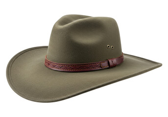 Isolated olive-green outback hat with brown leather band, rustic headwear for the outdoors