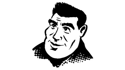 a man’s face drawn in a vintage comic book style, featuring a confident smirk and expressive detail.