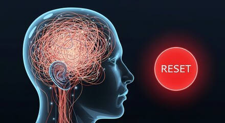 Abstract visualization of a human head with a glowing brain and a red reset button, symbolizing mental reset or reboot