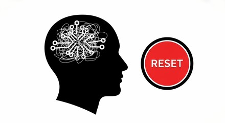 Silhouette of a human head with a circuit board pattern in the brain and a red reset button, isolated on white background