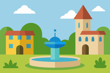 A charming cartoon background of a village square with a fountain vector illustration