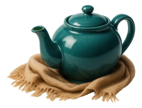 Teal ceramic teapot with green tea, on a soft cashmere wrap with frayed edges