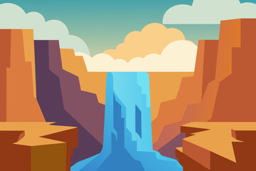 A simple cartoon of a waterfall canyon with mist vector illustration