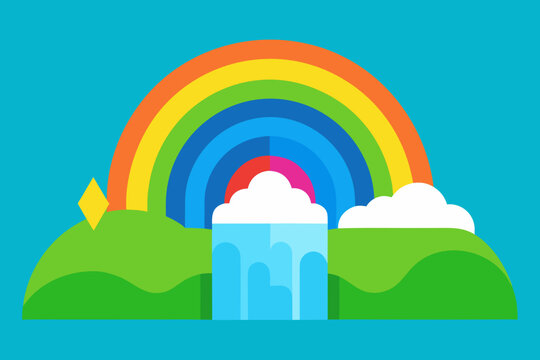 PCA cartoon illustration of a waterfall with a rainbow vector illustration