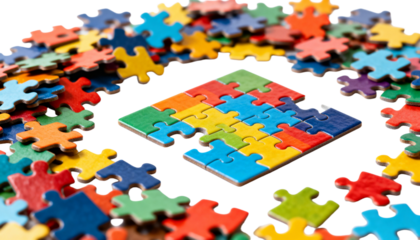 Colorful jigsaw puzzle pieces forming a square, surrounded by scattered pieces, transparent background png