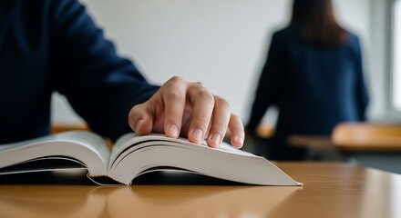 Closeup of a persons hand turning the page of an open book, with another person blurred in the background, suggesting learning or study