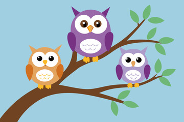 Fototapeta premium A simple cartoon of cute owls in a tree vector illustration