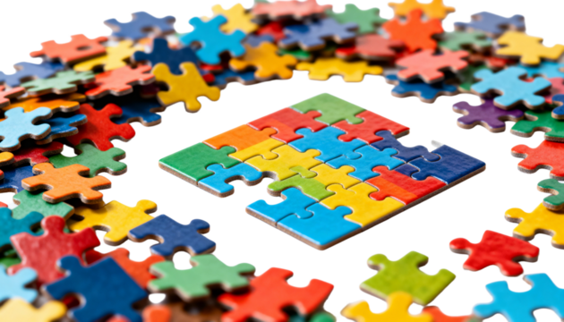 Colorful jigsaw puzzle pieces forming a square, surrounded by scattered pieces, transparent background png