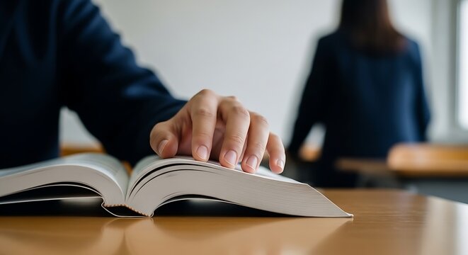 Closeup of a persons hand turning the page of an open book, with another person blurred in the background, suggesting learning or study