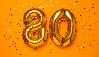 Orange balloon number 80 with confetti on solid colored background. Photo for anniversary or birthday party