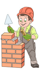 Cartoon illustration vector of a boy builder with a trowel, brick, and tool icon working in a garden construction business