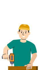Happy cartoon construction worker character in a safety helmet with a house illustration