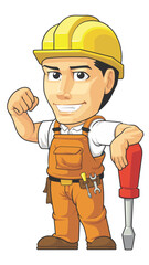 Cartoon vector illustration of a smiling construction worker or builder wearing a helmet and holding a wrench