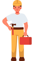 Smiling woman construction worker standing with tools and a hammer wearing a helmet and equipment on a job site