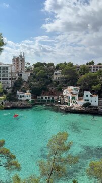 Cala Santanyi bay on Mallorca island in Spain panoramic top view in sunny day in October.