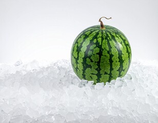 クラッシュアイスに冷やされている切られた一個の丸いスイカ