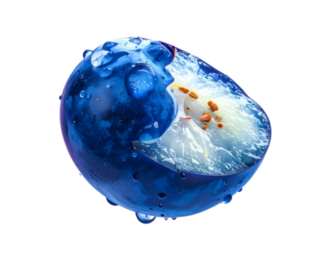 A sliced, vibrant blueberry with visible pulp and droplets, against a black background
