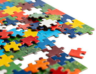 Colorful jigsaw puzzle pieces on a white background, representing connection and problem-solving., transparent background png