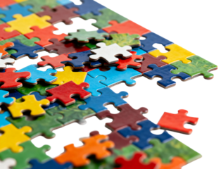 Colorful jigsaw puzzle pieces on a white background, representing connection and problem-solving., transparent background png