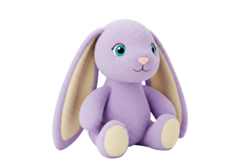 Isolated purple plush rabbit toy, Easter bunny character with long ears, aqua eyes, and light nose