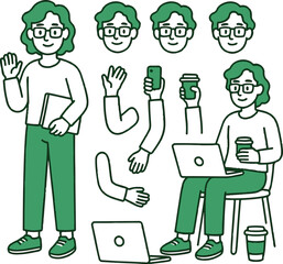 Modern Freelancer Character Kit Vector with Laptop and Coffee Cup
