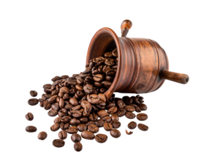 Brown ceramic grinder spills coffee beans onto a black background, a coffee lover's delight